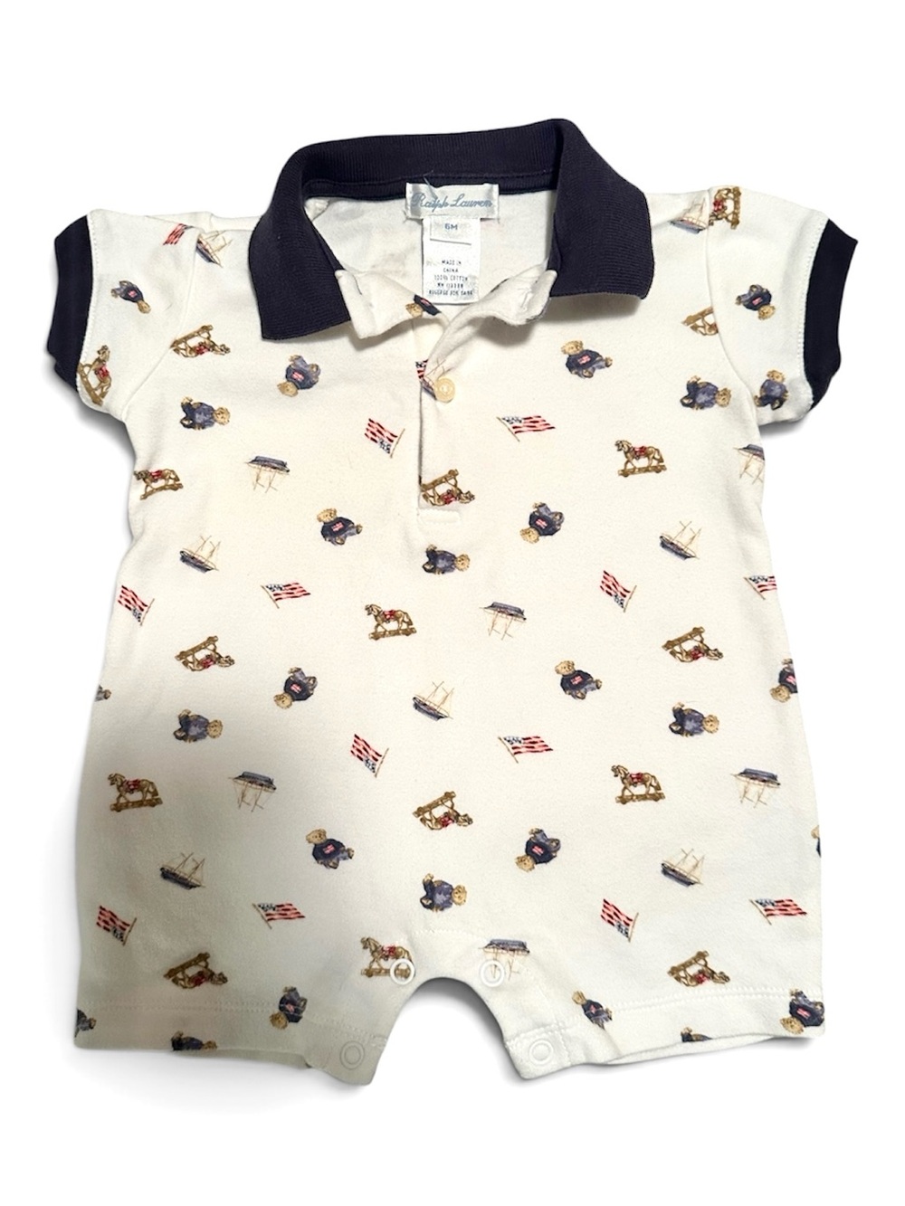 Ralph Lauren Cream Polo-Style Baby Romper with Navy Trim-Size 6M